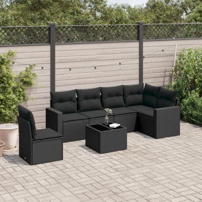 VIDAXL  Salon de jardin 7 pcs avec coussins noir r&eacute;sine tress&eacute;e 3219025