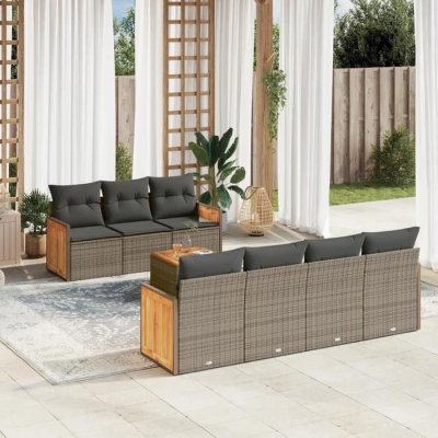 VIDAXL  salon de jardin 8 pcs avec coussins gris r&eacute;sine tress&eacute;e