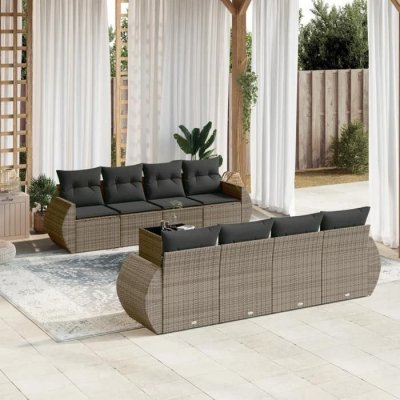 VIDAXL  salon de jardin 9 pcs avec coussins gris r&eacute;sine tress&eacute;e