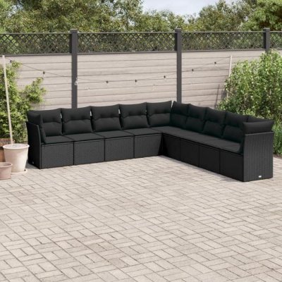 VIDAXL  Salon de jardin 9 pcs avec coussins noir r&eacute;sine tress&eacute;e 3217775