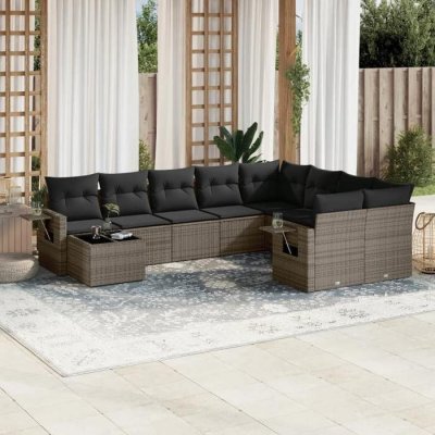 VIDAXL  salon de jardin avec coussins 10 pcs gris r&eacute;sine tress&eacute;e