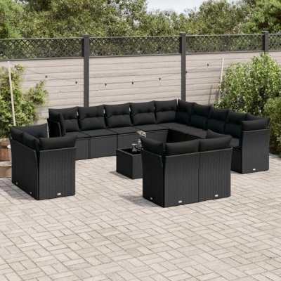 VIDAXL  salon de jardin avec coussins 14 pcs noir r&eacute;sine tress&eacute;e