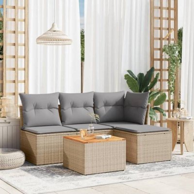 VIDAXL  Salon de jardin avec coussins 5 pcs beige r&eacute;sine tress&eacute;e 3223595