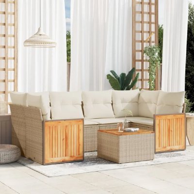 VIDAXL  salon de jardin avec coussins 7 pcs beige r&eacute;sine tress&eacute;e