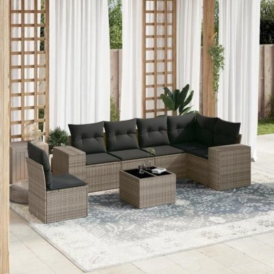 VIDAXL  salon de jardin avec coussins 7 pcs gris r&eacute;sine tress&eacute;e