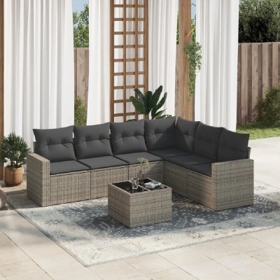 VIDAXL  Salon de jardin avec coussins 7 pcs gris r&eacute;sine tress&eacute;e 3219010