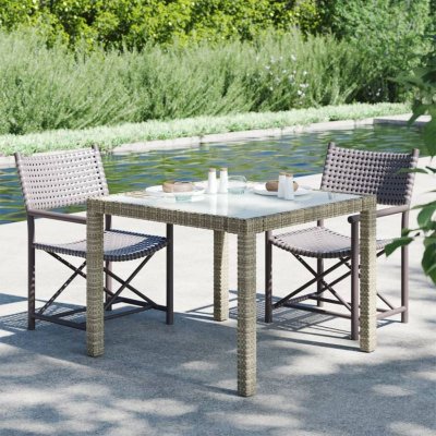 VIDAXL  Table De Jardin 90x90x75 Cm Verre Tremp&eacute; Et R&eacute;sine Tress&eacute;e Gris