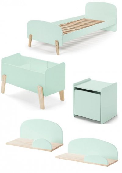  Vipack Kiddy Menthe Lit Simple Avec Sommier+ Chevet + Etagres 45cm Et 65cm+ Coffre Jouets