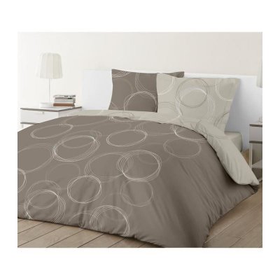 VISION  Parure de couette Lenny r&eacute;versible en 100% coton - 240 x 260 cm - Taupe beige marron et blanc