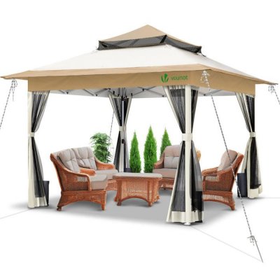 VOUNOT  Tonnelle de jardin exterieure pliable avec moustiquaire Pop up 3.6x3.6m beige 