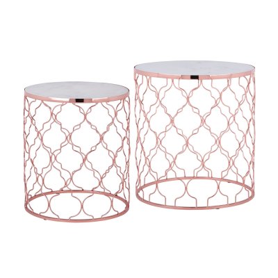 Womo-design set de 2 tables d'appoint blanc, &oslash; 40/45 cm, m&eacute;tal et marbre 390002517