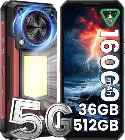 OUKITEL WP56 T&eacute;l&eacute;phone Portable Incassable 16000mAh 36Go+512Go 6.8"" 1000LM 5G/NFC Rouge