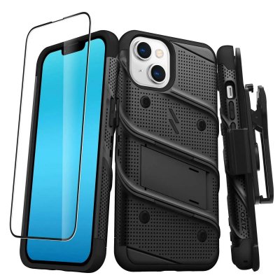 ZIZO  Coque Blind&eacute; Bolt iPhone 14 avec Support et Verre Tremp&eacute; 9H Ultra R&eacute;sistant Noir