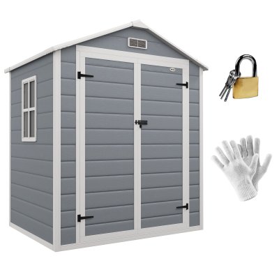 OUTSUNNY Abri de jardin cabanon 2,12 m&sup2; - 2 portes, fen&ecirc;tre, a&eacute;ration, toit double pente - r&eacute;sine pp gris 