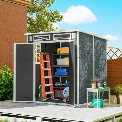 OUTSUNNY Abri de jardin double porte 3 fen&ecirc;tres 2 a&eacute;rations anti-uv r&eacute;sine gris