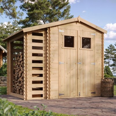 TIMBELA Abri de jardin en bois et range b&ucirc;ches ext&eacute;rieur - I206xL272xH218 cm/ 353 + 097 m2 -  M386