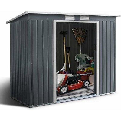 GOPLUS Abri de Jardin en Metal avec Portes - Cabane &agrave; Outils(2,71m&sup2;,avec base,Gris - Toit plat) - 