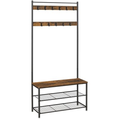 ACAZA Meuble d'entr&eacute;e, porte-manteau avec banc &agrave; chaussures, 175cm/85cm, bois vintage brun