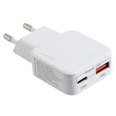 ACCEZZ  Chargeur GaN Ultra Slim - USB-C + USB-A - 30 W - Blanc - Neuf
