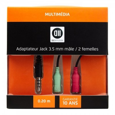 D2 DIFFUSION Adaptateur 1 jack m&acirc;le 3,5mm / 2 jack femelle 3,5mm