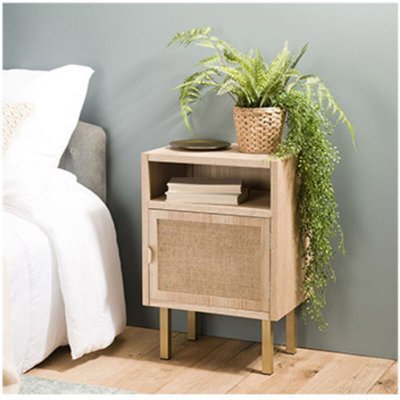 ADELE - Chevet 1 niche 1 porte toile de jute pieds m&eacute;tal dor&eacute;