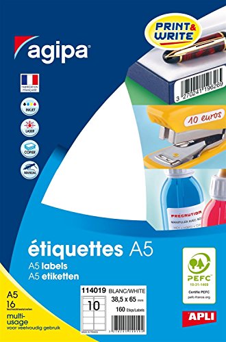 APLI Agipa - Etiquettes adh&eacute;sives 38,5 x 65 mm 114019 - Pochette de 160