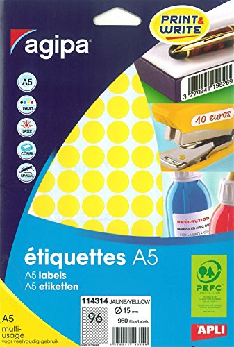 GENERIQUE Agipa Etiquettes De Couleur, Diametre: 15 Mm, Rond, Jaune