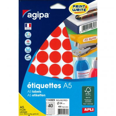 APLI Agipa Etiquettes De Couleur, Diametre: 24 Mm, Rond, Rouge