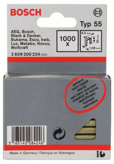 BOSCH Agrafes &agrave; dos &eacute;troit type 55, r&eacute;sin&eacute;es, 6 x 1,08 x 28 mm, lot de 1000  2609200224
