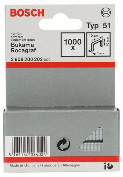 BOSCH Agrafes &agrave; fil plat type 51, 10 x 1 x 10 mm  2609200202