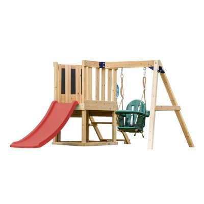 AXI Aie de jeux avec balan&ccedil;oire b&eacute;b&eacute; et mur d'escalade - toboggan rouge
