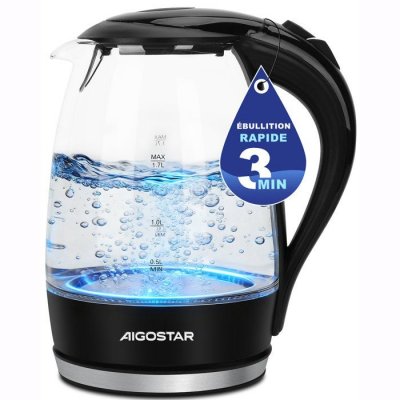 AIGOSTAR  - bouilloire &eacute;lectrique en verre de 1,7 litre avec filtre et led bleue 2200 w Noir