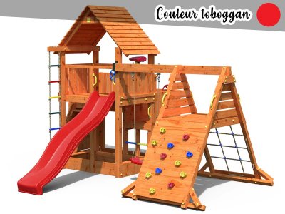 FUNGOO Aire de jeux Big Leader Spider + Bac &agrave; sable + Corde + Toboggan Rouge - 