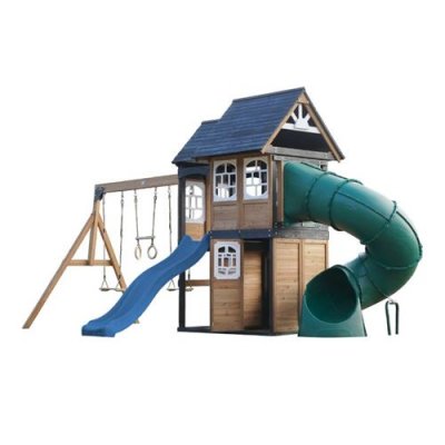 AXI Aire de jeux en bois, 2 balan&ccedil;oires - toboggan bleu et tubulaire