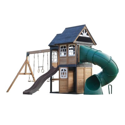 AXI Aire de jeux en bois, 2 balan&ccedil;oires - toboggan gris et tubulaire