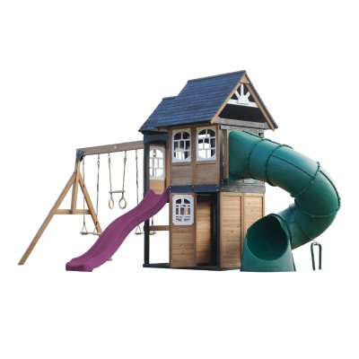 AXI Aire de jeux en bois, 2 balan&ccedil;oires - toboggan lila et tubulaire