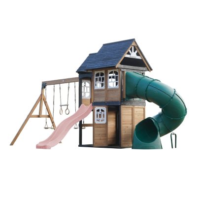 AXI Aire de jeux en bois, 2 balan&ccedil;oires - toboggan rose pastel, tubulaire