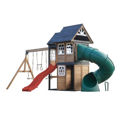 AXI Aire de jeux en bois, 2 balan&ccedil;oires - toboggan rouge et tubulaire