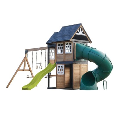 AXI Aire de jeux en bois, 2 balan&ccedil;oires - toboggan vert clair et tubulaire