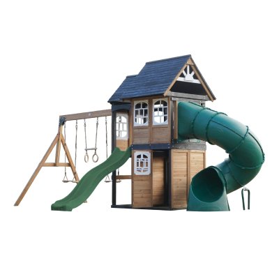 AXI Aire de jeux en bois, 2 balan&ccedil;oires - toboggan vert et tubulaire
