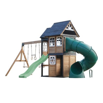 AXI Aire de jeux en bois, 2 balan&ccedil;oires - toboggan vert pastel, tubulaire