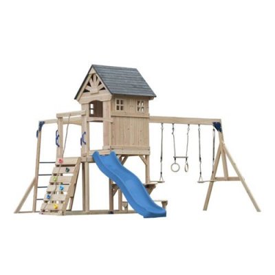 AXI Aire de jeux en bois avec 2 balan&ccedil;oires - toboggan bleu