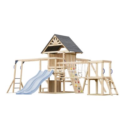 AXI Aire de jeux en bois avec 2 balan&ccedil;oires - toboggan double bleu pastel