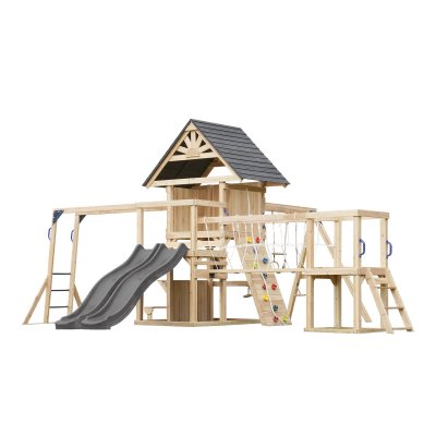 AXI Aire de jeux en bois avec 2 balan&ccedil;oires - toboggan double gris