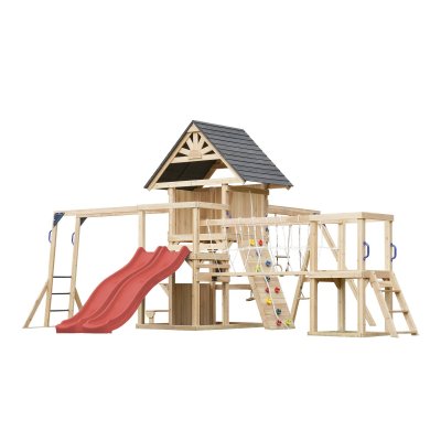 AXI Aire de jeux en bois avec 2 balan&ccedil;oires - toboggan double rouge