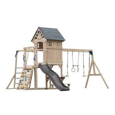 AXI Aire de jeux en bois avec 2 balan&ccedil;oires - toboggan gris
