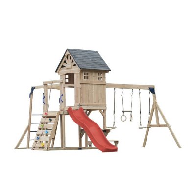 AXI Aire de jeux en bois avec 2 balan&ccedil;oires - toboggan rouge