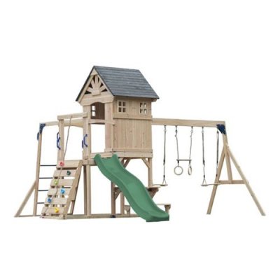 AXI Aire de jeux en bois avec 2 balan&ccedil;oires - toboggan vert