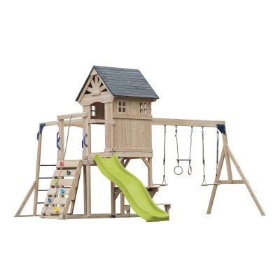 AXI Aire de jeux en bois avec 2 balan&ccedil;oires - toboggan vert clair