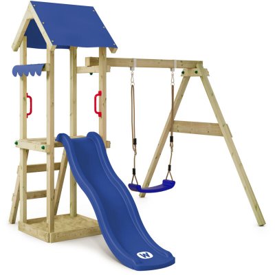 Aire de jeux en bois TinyWave avec balan&ccedil;oire et toboggan WICKEY - Bac &agrave; sable - Bleu